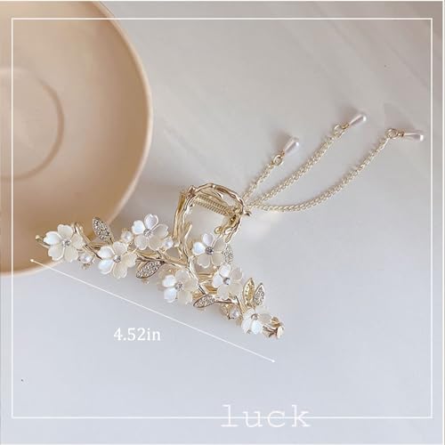 Jasmine Flower Claw Clips for Women Metal Non-Slip Claw Clip With Rhinestones Pearl Tassel Design Floral Hair Clips Cute Claw Clips for Thick Hair Claw Clips Flower for Women