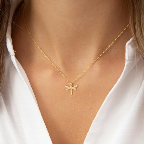 LLWOM Gold Necklace for Women-14k Gold Plated Infinity Necklace Star Of David Necklace Evil Eye Cross Pendants Heart Dainty Gold Necklace For Women - color: Gold, style: Dragonfly Necklace