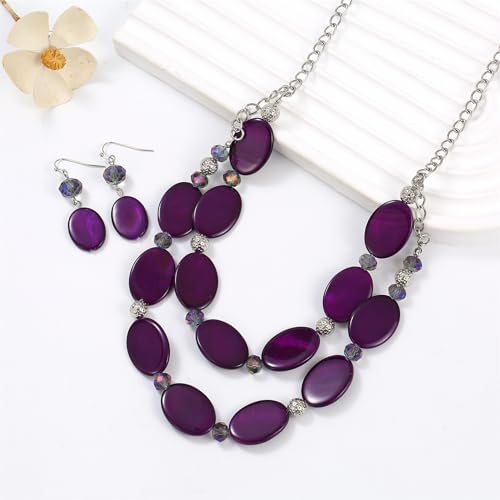 2 Layered Chunky Beaded Shell Necklace for Women Sea Shell blue/yellow/red/green/turquoise/teal/white Statement Necklace and Earring Set Elegant Women Necklace Set Jewelry Sets for Women - color: Purple