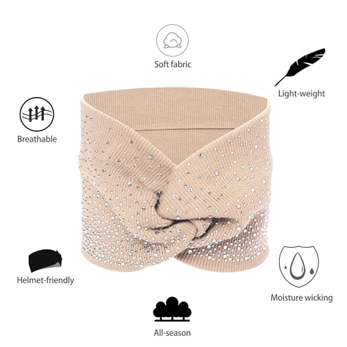 Sliverdew Sparkly Head Wraps for Black Women, 3 Pcs Crystal Wide Headbands Bling Fancy Head Scarf Turban Stretchy Hair Bands African Elastic Hair Accessories - color: Khaki & Black & Light Grey