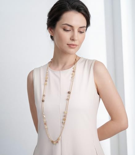 FULU AUTUMN Boho Gold Long Necklaces for Women Natural Stone Beaded Layered Long Necklace Mothers Day Gifts Dainty Flower Costume Jewelry for Women - color: Camel