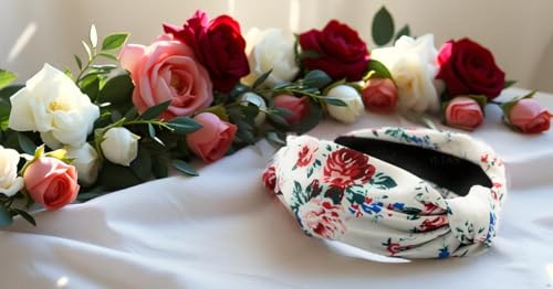 Fall Headbands for Women Satin OFF-White Rose Floral Warable All Day, Colorful, Silk Feel, Autumn Womens Knotted Headband Fashion Designer Top Knot Hair Head Band Girls - color: Off White