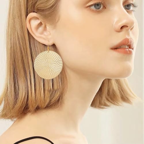Anmpab Boho Large Disc Earrings for Women Vintage Geometric Hammered Round Circle Drop Dangle Earrings Statement Jewelry - color: Gold