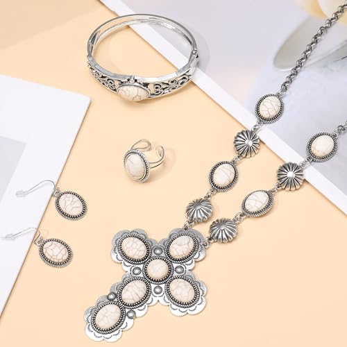 4 PCS Western Turquoise Jewelry for Women Boho Vintage Navajo Pearl Necklace Earring Bracelet Ring Set Country Cowgirl Accessories for Gift - color: N-White