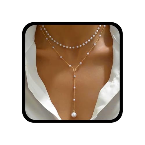 Vintage Pearl Y Lariat Necklace Layered Pearl Choker Necklace Gold Pearl Y Necklace Long Pearl Drop Necklace Wedding Pearl Pendant Necklace Jewelry for Women