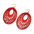 Boho Wooden Cutout Dangle Earrings for Women Bohemian Teardrop Oval Hollow Floral Pattern Drop Earrings Colorful Lightweight Statement Party Jewelry - color: Red
