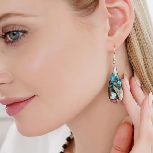 Stone Drop Earrings for Women Earrings Teardrop Jasper Stone Dangle Earrings - color: Blue&Red-Silvery Hook