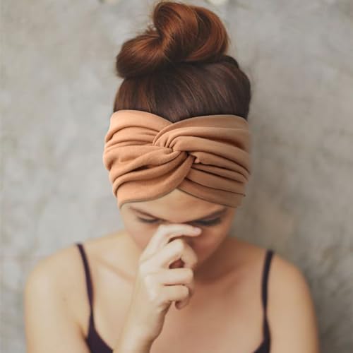 AQOKKA Extra Wide Headbands for Women Large Turban Headband Non Slip Boho Elastic Hairband Hair Twisted Knot Head Bands Accessories - color: 4 Pcs: Brown, Camel, Light Grey, Black