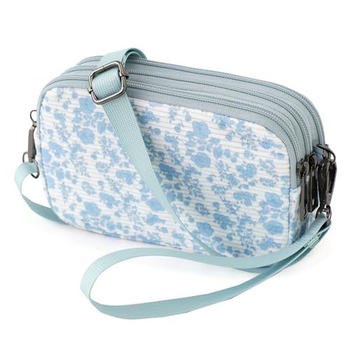 Small Wristlet Wallet for Women, 3-Zip Crossbody Phone Purse - color: Flowerprint/Corduroy