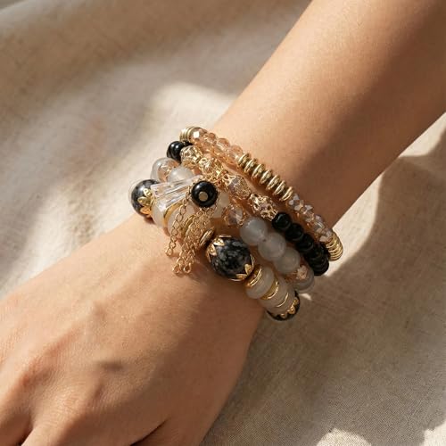 Bohemian Bracelet Sets for Women - 4-Pack Stackable Stretch Bead Bracelets with Black＆White Crystal & Gold Accessories, Multi-Layer Boho Jewelry - color: black
