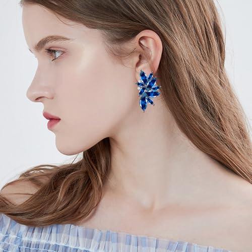 Bohemian Statement Sparkly Colourful Fancy Rhinestone Crystal Flower Dangle Drop Stud Earrings Vintage Wedding Bridal Prom Earrings for Women - color: Navy