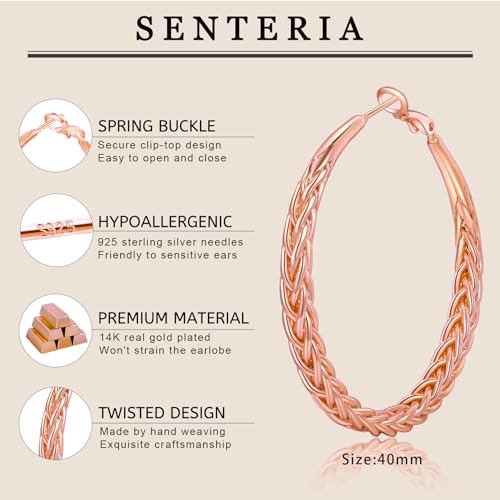 Senteria Silver Hoop Earrings for Women Hypoallergenic 925 Sterling Silver Post Hoop Earrings Lightweight Large Hoops Earring Thick Twisted Silver Hoops 30/40/50MM - color: 40MM Rose Gold