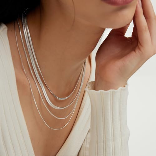 ARSIS 18K Gold Plated Herringbone Necklace Snake Chain Choker Dainty Layered Hypoallergenic Jewelry Gift for Women - color: Silver Multi-Layer