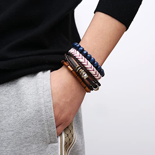 HZMAN Wrap Bracelets Men Women, Hemp Cords Wood Beads Ethnic Tribal Bracelets, Leather Wristbands - style: Hand-made 4 MIX