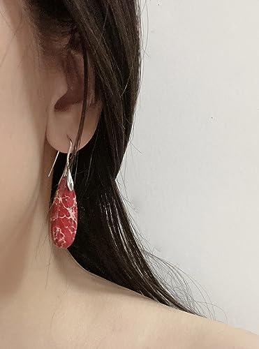 SELOVO Stone Fishhook Dangle Drop Earrings Statement Earrings for Women Stone - color: Red-Silver Color Hook