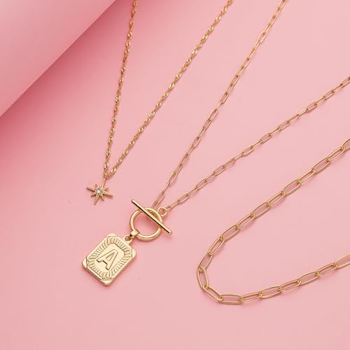 Paxuan Dainty Gold 3-Layer Personalized Initial Necklace for Women - 18K Gold Layered Letter Pendant Necklace Adjustble Paperclip Chain Choker Necklace Jewelry Gifts with Star Charm - style: Letter A