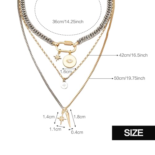 Gold Layered Necklaces for Women,Tone Mixed Necklace Chain,Chunky Paperclip Chain Silver Coin Pendant,Trendy Statement Jewelry Gift