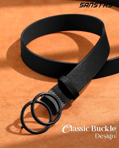 SANSTHS Womens Leather Belt for Jeans Pants Fashion Waist Belts Gold Silver Double Ring Buckle - color: Black-black Buckle, size: Fits Waist 25-29 inch