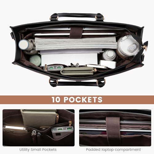 LOVEVOOK Laptop Bag for Women,15.6 lnch Waterproof Lightweight Leather Tote Bag,Professional Business Office Work Bags with Clutch Purse, Large Capacity Computer Shoulder Handbag,Black-White-Brown - color: Black - White - Brown(leather), size: 15.6 Inch