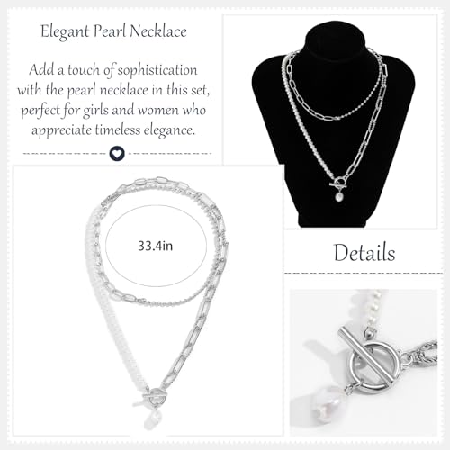 Gold Stack Necklace Chunky Necklaces for Women Trendy Coin Pendant Long Necklaces Western Jewelry for Women Cowgirl Cowboy Chic Country Outfit Boho Accessories Birthday Jewelry Gifts - color: B Silver Paperclip Pearl Chain Necklace