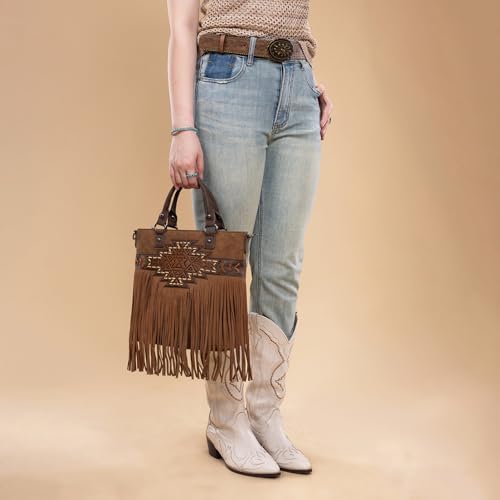 Trinity Ranch Crossbody Bags for Women Tooled Fringe Top Handle Handbags Vintage Western Purse - color: Brown