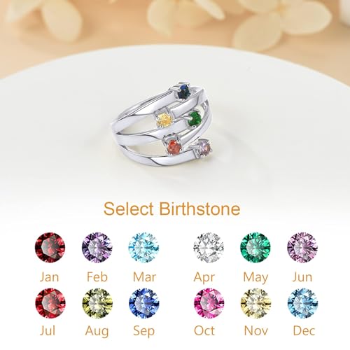 Custom4U Personalized 1-4 Birthstone Rings for Women Promise Rings for Her Sterling Silver Mothers Ring Customized Cubic Zirconia Stones Wedding/Valentine's Day/Mother's Day Jewelry Gift for Mom Wife - color: B-5 Names-Silver