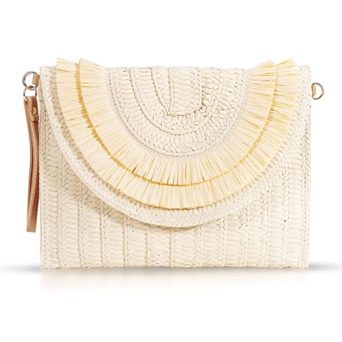 Crossbody Bags for Women, Straw Clutch Purses, Bohemian Handmade Woven Envelope Package, Tassel Handbags for Women | Bohemian - color: Beige