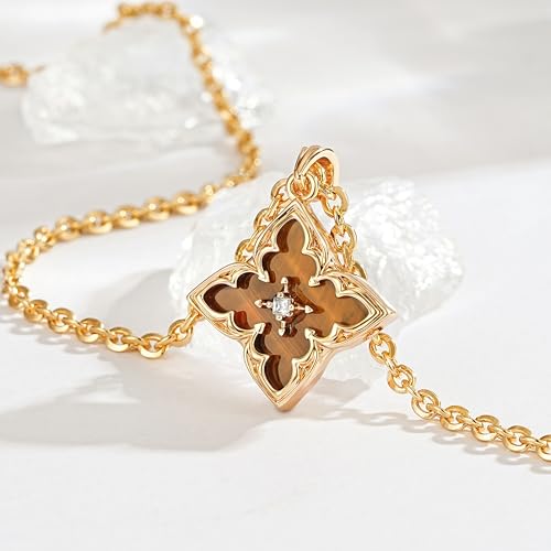 Fettero Gold Clover Necklace for Women Dainty 14K Gold Plated CZ Pendant Necklace Adjustable Chain Choker Charm Colorful Clover Pendant Lucky Necklaces for Women Jewelry - color: Brownish yellow