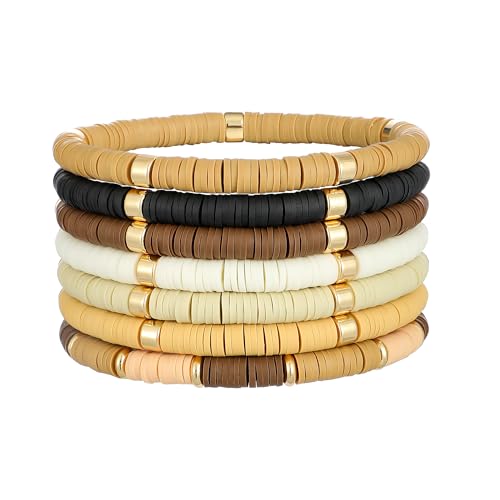 GOOJIDS Surfer Heishi Clay Bead Bracelets for Women Bohemian Stackable Gold Plated Beaded Stretch Bracelets Elastic Layering Friendship Bracelets Set Boho Jewelry - color: B-New Brown Color C