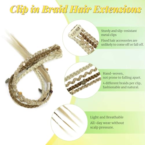2PCS Boho Dreadlock Clip In Braids with Charms and Beads, Handmade Dreadlock Braids Hair Extensions Synthetic Braided Hairpieces for Women (Medium Blonde with Light Blonde 16 Inch) - color: Medium Blonde with Light Blonde, size: 16 Inch