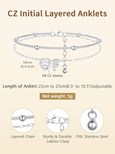 FindChic Silver/14K Gold Plated Layered CZ Initial Ankle Bracelet for Women | Waterproof Stainless Steel, Cubic Zirconia Letter Charm, Non-Tarnish, Hypoallergenic, Adjustable Extender, Summer Jewelry - color: Silver-CZ Heart, size: F