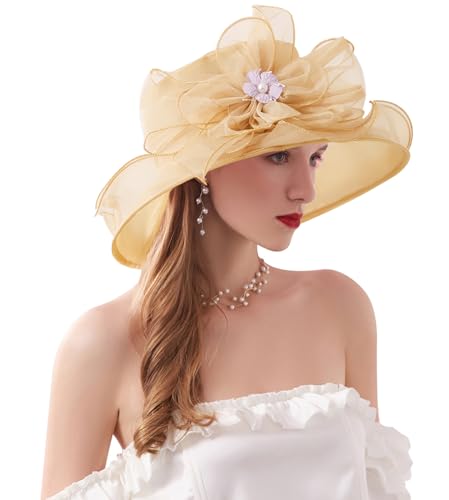 ORIDOOR Women’s Organza Church Tea Party Wedding Fascinator Derby Hat Wide Brim Sun Hats - color: C6-gold