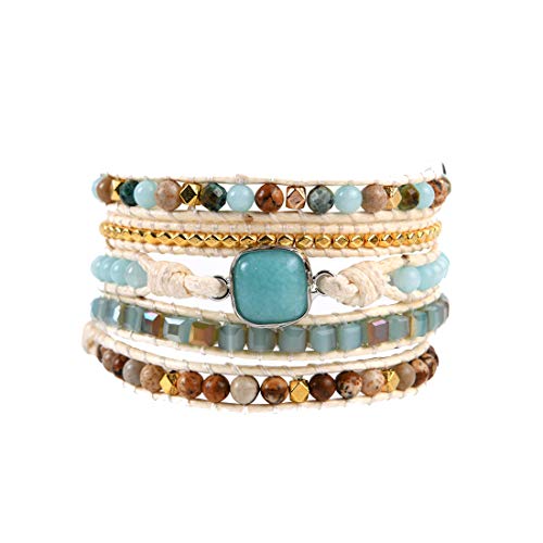 YGLINE Natural Stone Beaded Healing Wax String 5 Wraps Bracelets - color: Amazonite