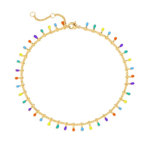 MTMY Gold Anklets for Women 14K Gold Plated Tiny Bead Anklet Colorful Tassel Foot Chain Dainty Adjustable Cute Summer Beach Boho Anklets Jewelry Gift - style: colorful tassel