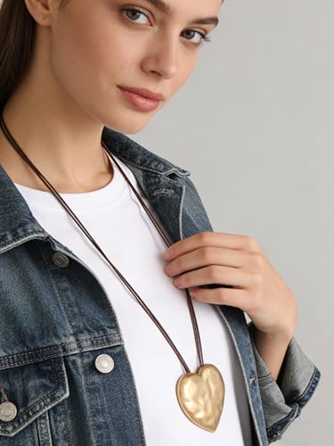 GelConnie Long Necklaces for Women Boho Large Pendant Necklace Casual Bohemian Brown Leather Choker Sweater Circle Statement Stone Necklace - style: Heart Pendant Necklace