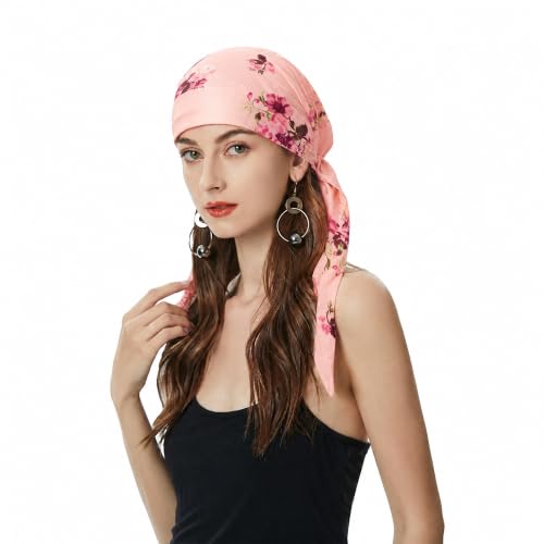 ZLYC Chemo Headwear Pre Tied Head Scarf Headwraps Lightweight Turban Beanie Cap for Women - color: Floral Light Pink