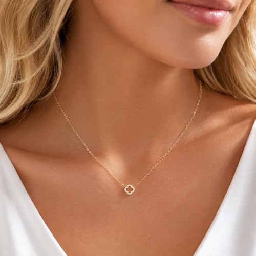 Dainty Gold Necklaces for Women Trendy Non Tarnish 14K Gold Plated Cubic Zirconia Necklace Layered Simple Cute Four Leaf Clover Choker Jewelry Birthday Gifts - color: Gold, style: Cable Small CZ