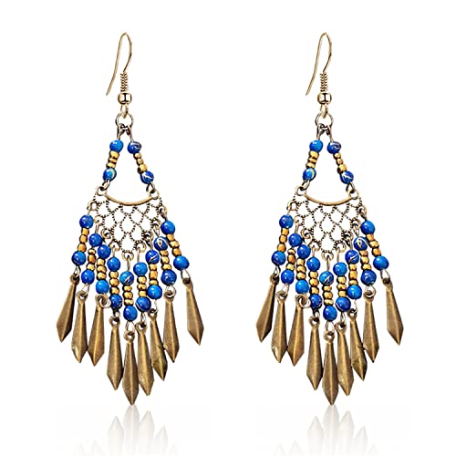 Handmade Vintage Bronze Bohemian Long Tassel Colorful Bead Dangle Drop Earrings Big Tribal Chandelier Geometry Hook Earrings for Women Statement Jewelry Gifts - color: Blue