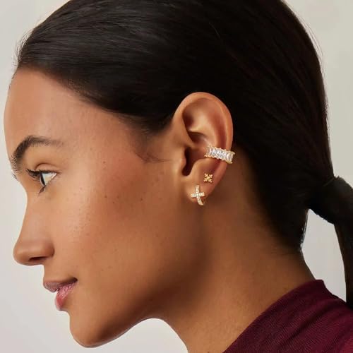 MEVECCO Cross Hoop Earrings 14K Gold Plated Dainty Minimalist Simple Small Faith Cross Huggie Earrings For Women Symbol of Protection Faith Jewelry Gift - style: White-Cross