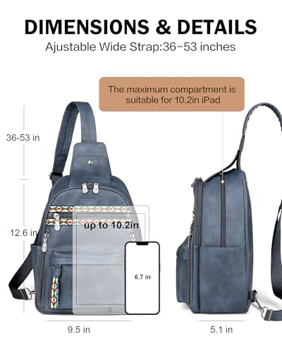 FADEON Large Sling Bag for Women, Leather Crossbody Purse Designer Anti Theft Sling Backpack, RFID Fanny Packs for Travel - color: Dark Blue Retro Style