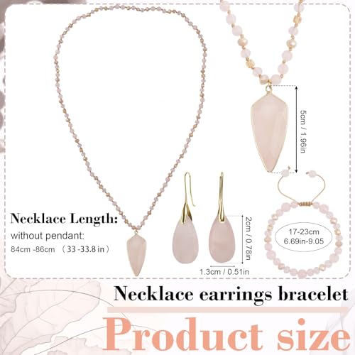 Boho Jewelry Sets for Women | 3 Pcs Natural Amethyst Labradorite Rose Quartz Beaded Long Necklace Wrap Bracelet Dangle Earrings Handmade Vintage - color: Rose Quartz