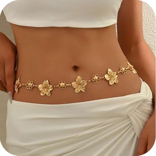TEBIEKOY Flower Charm Waist Chain for Women, Gold Belly Chain Body Jewelry for Beach, Summer Dresses & Vacation Outfits
