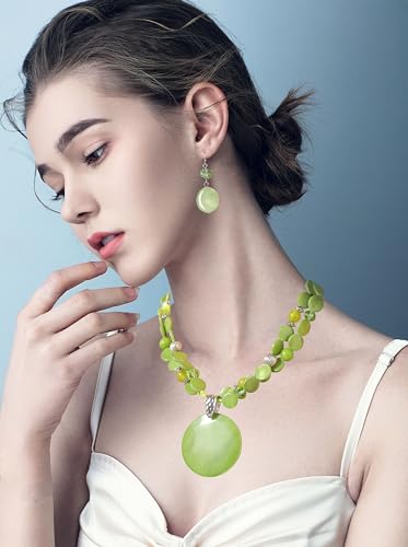 Layered Beads Statement Fashion Necklace Chunky Jewelry Set Big Colorful Glass Stone Circle Shell Pendant Choker Necklace and Earring Set for Women - color: Brown