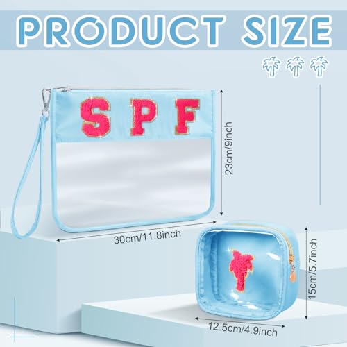 Hillban 2 Pcs Clear SPF Makeup Bag Chenille Letter Patch Sunscreen Bag Preppy Pouch Clear Cosmetic Toiletry Zipper Pouch Summer Beach Pool Sunscreen Purse - style: Spf Theme