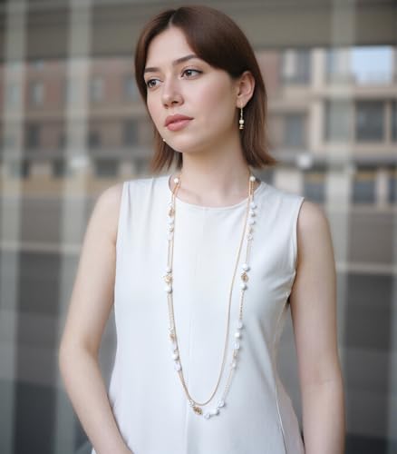 FULU AUTUMN Boho Gold Long Necklaces for Women Natural Stone Beaded Layered Long Necklace Mothers Day Gifts Dainty Flower Costume Jewelry for Women - color: Porcelain White