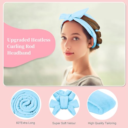 Heatless Curling Rod Headband, Upgraded 60" Extra Long Heatless Curls Headband Soft Hair Curlers to Sleep In Hair Rollers No Heat Curls (Blue) - color: Blue