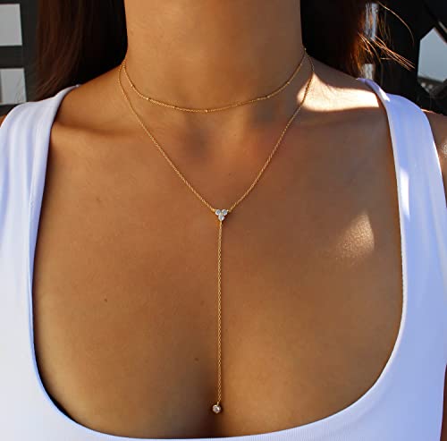 Foxgirl Lariat Gold Necklace for Women, Dainty Long Necklace 14k Gold Plated/Silver Y-Shaped Pendant Necklace Trendy Layered Cz Beaded Chain Drop Necklaces Simple Gold Jewelry For Women Gift - color: Y Layered CZ Necklace-GD