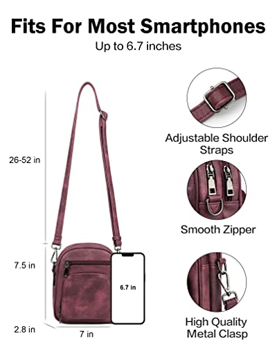 FADEON Small Purses for Women Crossbody Bags, Designer PU Leather Mini Cross Body Purse Travel Shoulder Bag Card Slots - color: Wine Red Retro Style