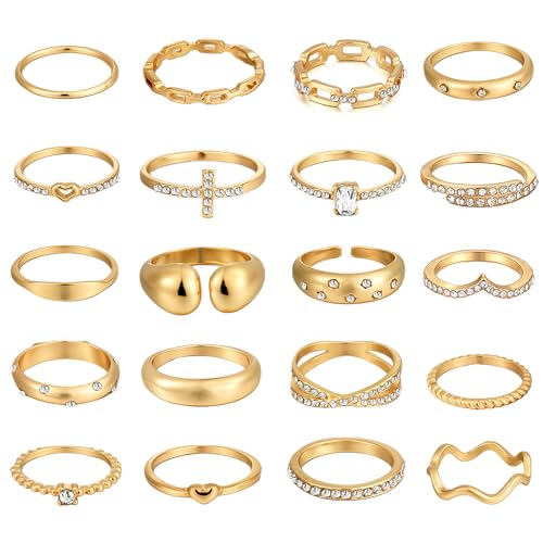 FAXHION 25 PCS Gold Stackable Rings Set for Women, Simple Twist Knuckle Finger Ring Trendy, Dainty Stacking Statement Thumb Rings Pack Jewelry Gift - color: Gold-Zircon