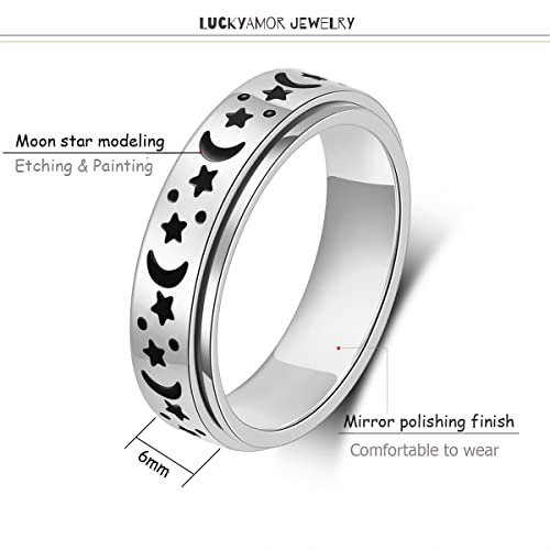 Anxiety Ring for Women Spinner Rings:Rotating Rings Stainless Steel 6mm Moon Star Anxiety for Men Band Jewelry Gift for Women Size 6 7 8 9 10 - color: A-Silver
